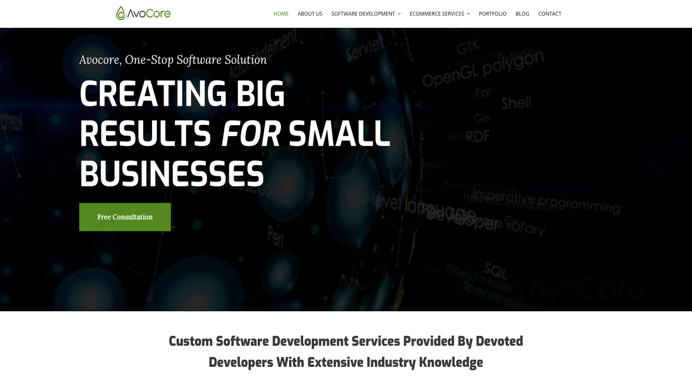 Avocore landing page image.